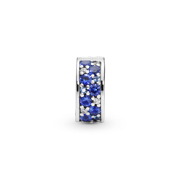Silver clip with Swiss blue crystal, clear cubic zirconia, royal blue crystal and silicone grip