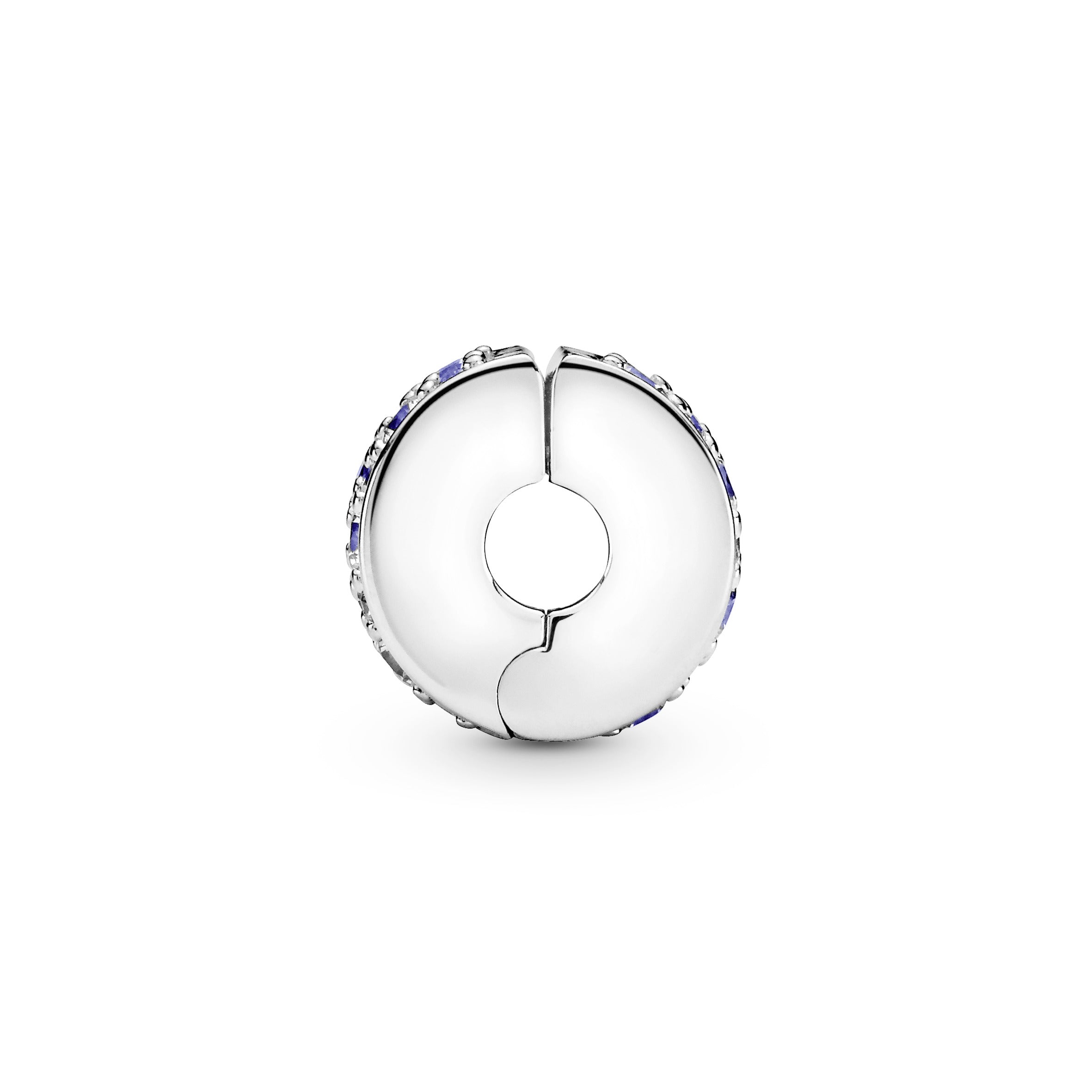 Silver clip with Swiss blue crystal, clear cubic zirconia, royal blue crystal and silicone grip