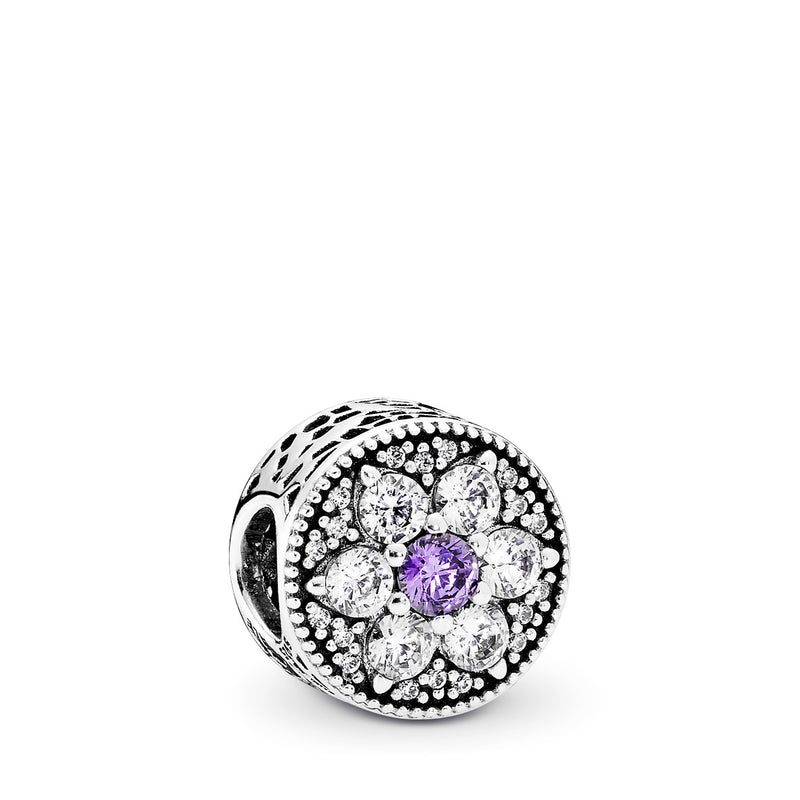 Forget me not silver charm with purple and clear cubic zirconia