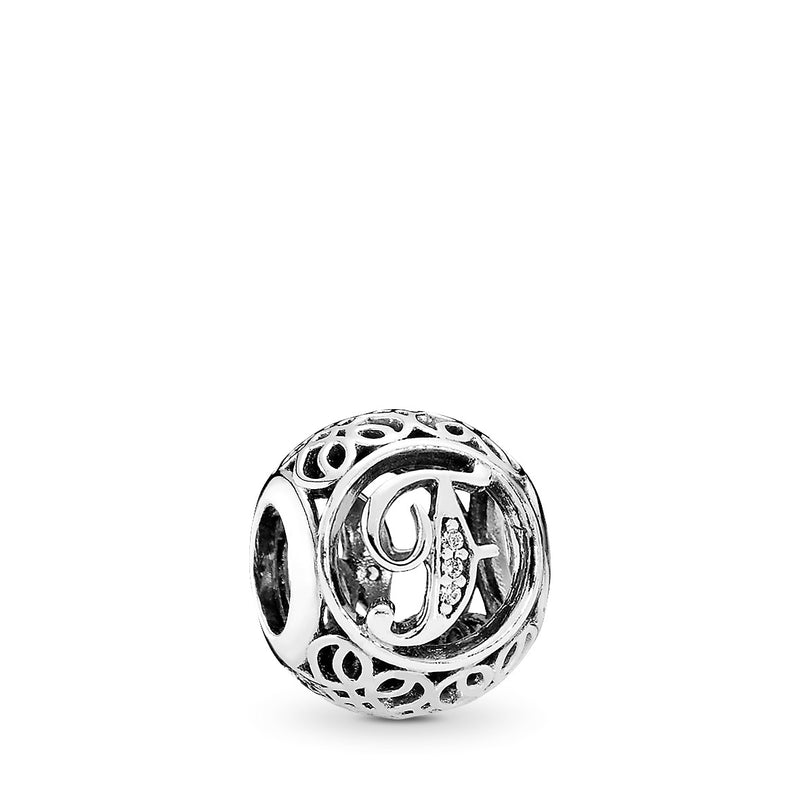 Letter F silver charm with clear cubic zirconia