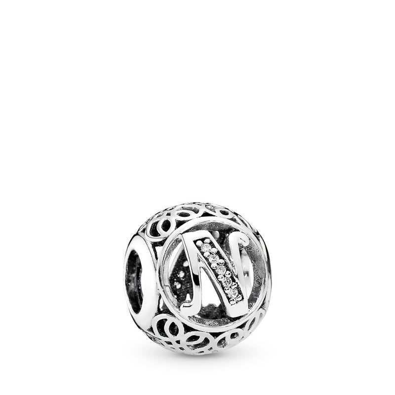 Letter N silver charm with clear cubic zirconia