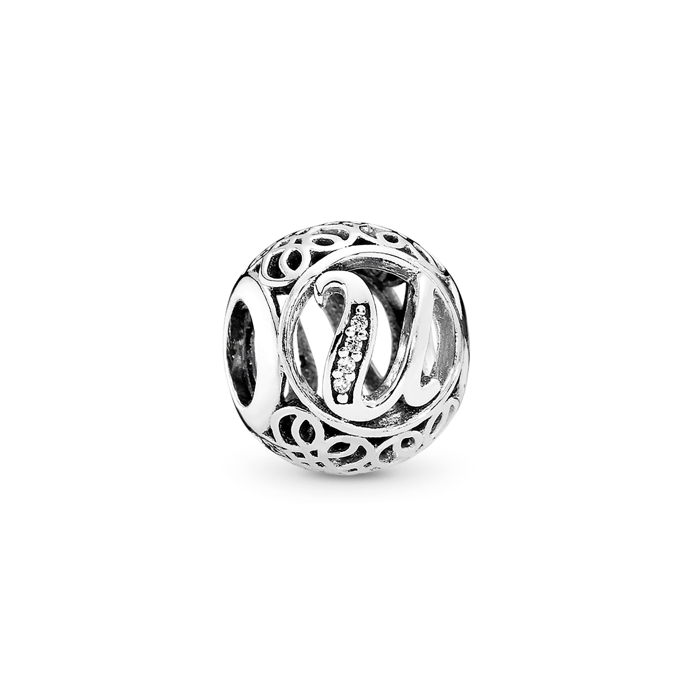 Letter U silver charm with clear cubic zirconia