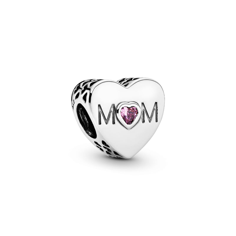 Mum heart silver charm with pink cubic zirconia