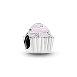 Cupcake silver charm with clear cubic zirconia and pink enamel
