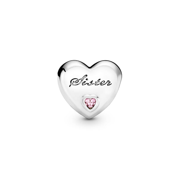 Sister heart silver charm with pink cubic zirconia