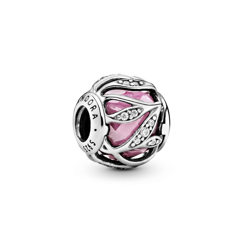 Abstract silver charm with faceted pink cubic zirconia and clear cubic zirconia