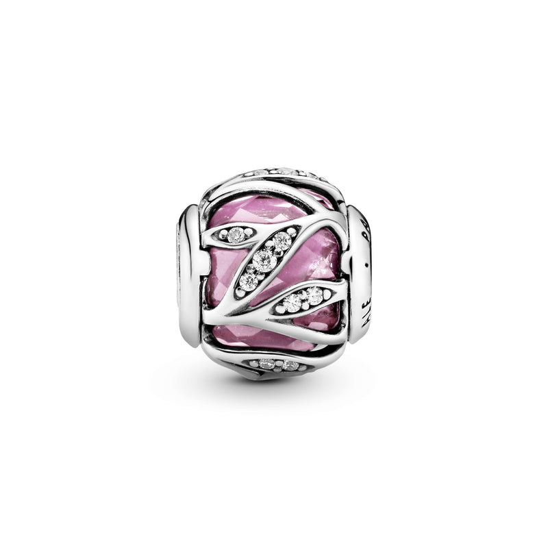 Abstract silver charm with faceted pink cubic zirconia and clear cubic zirconia