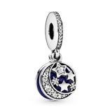 Moon and star silver dangle with clear cubic zirconia and blue enamel