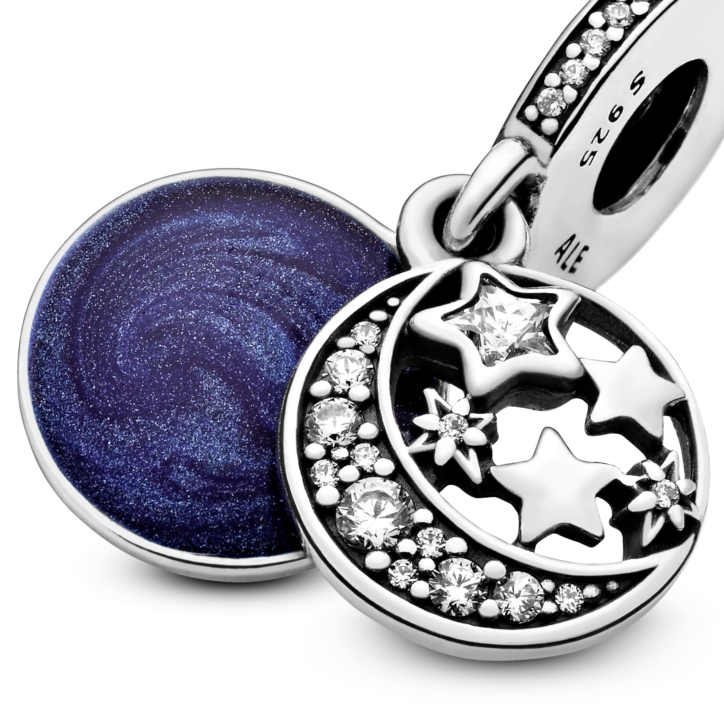 Moon and star silver dangle with clear cubic zirconia and blue enamel