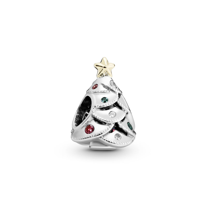 Christmas tree silver charm with 14k, clear cubic zirconia, red cubic zirconia and green crystal