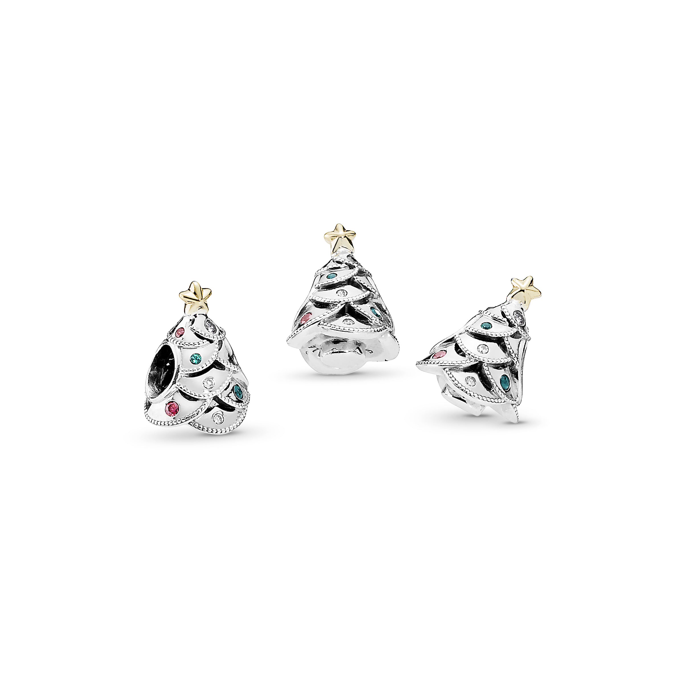 Christmas tree silver charm with 14k, clear cubic zirconia, red cubic zirconia and green crystal