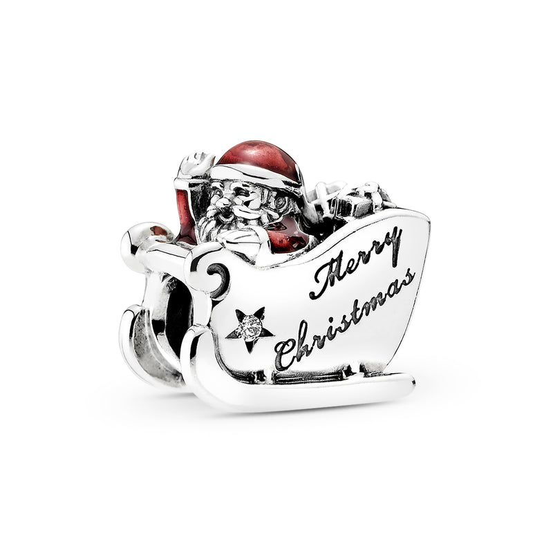 Santa's Sleigh silver charm with clear cubic zirconia and red enamel