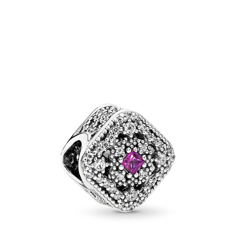 Abstract silver charm with cerise crystal and clear cubic zirconia