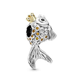 Fairytale fish silver charm with 14k, orange and golden coloured cubic zirconia and black crystal