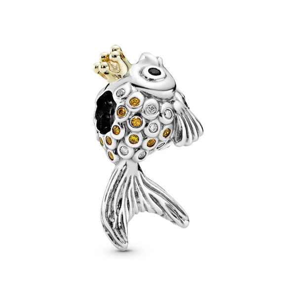 Fairytale fish silver charm with 14k, orange and golden coloured cubic zirconia and black crystal