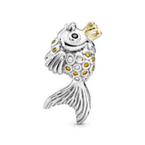 Fairytale fish silver charm with 14k, orange and golden coloured cubic zirconia and black crystal