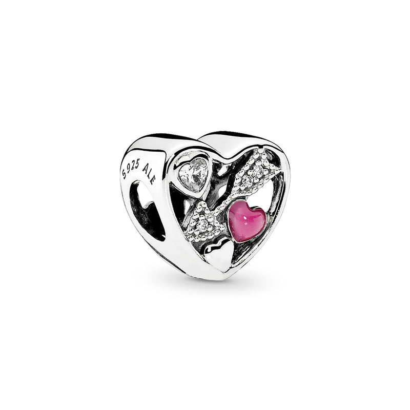 Heart silver charm with clear cubic zirconia and magenta enamel
