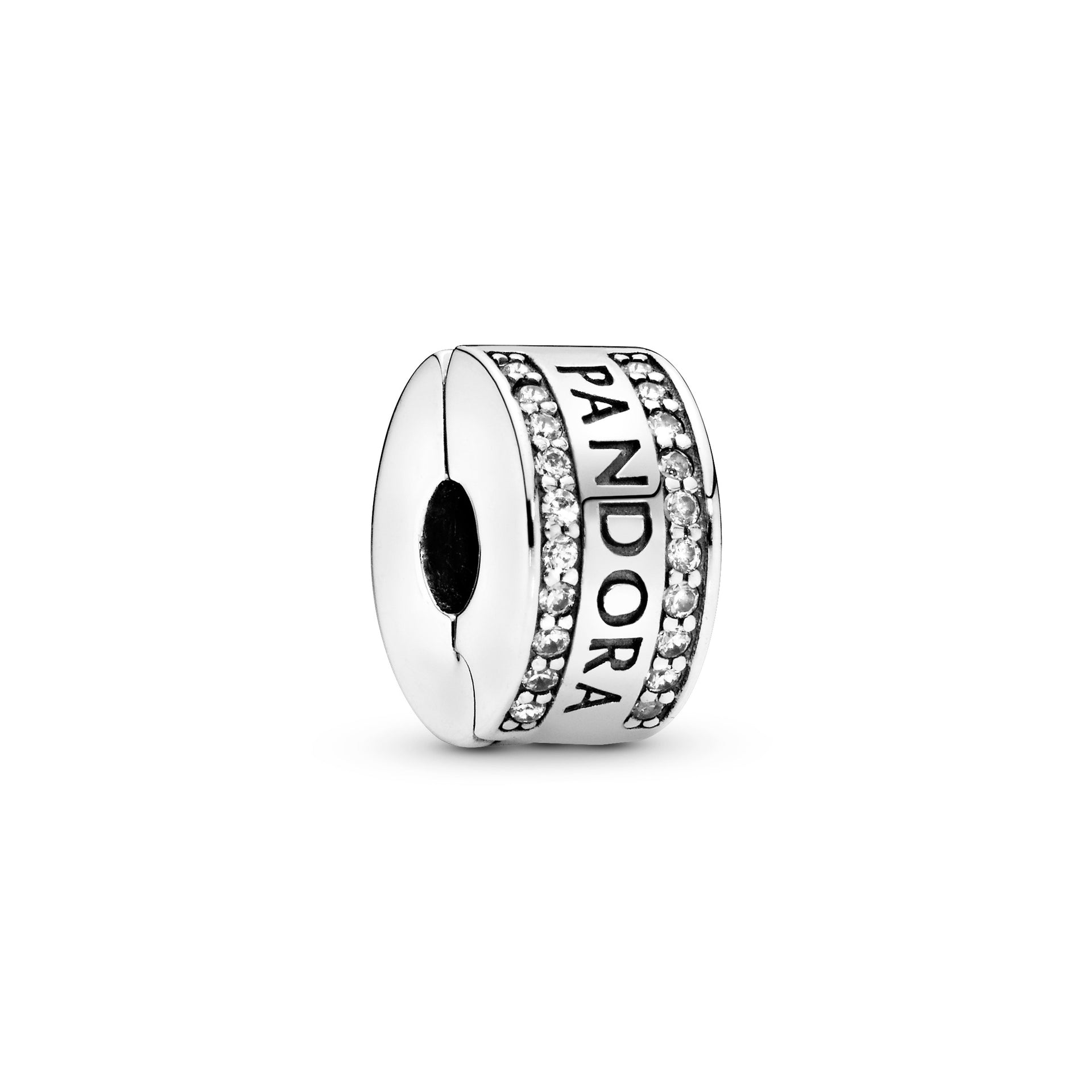 PANDORA logo silver clip with clear cubic zirconia and silicone