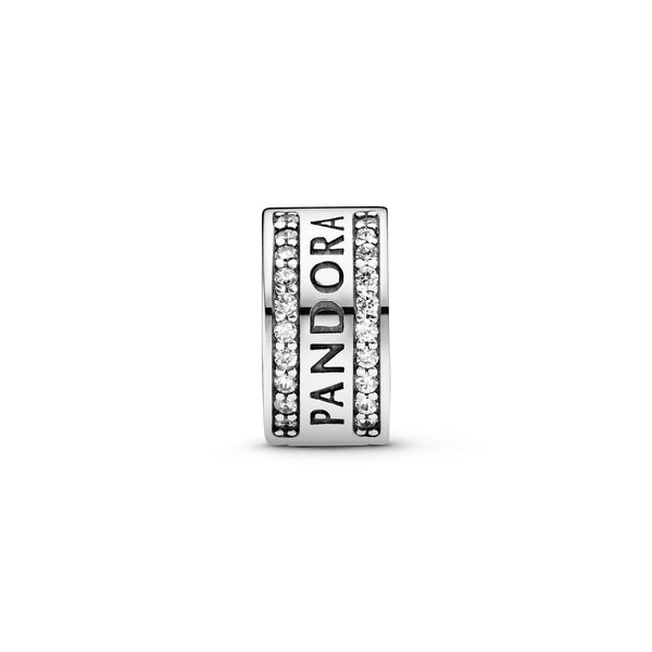 PANDORA logo silver clip with clear cubic zirconia and silicone