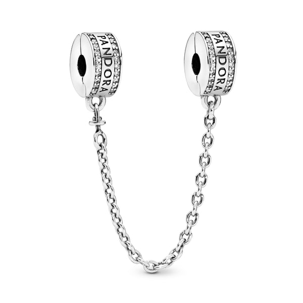 PANDORA logo silver safety chain with clear cubic zirconia and silicone
