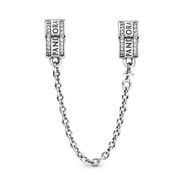 PANDORA logo silver safety chain with clear cubic zirconia and silicone