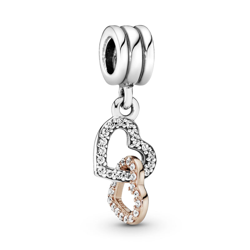 Interlocked hearts silver dangle with 14k and clear cubic zirconia
