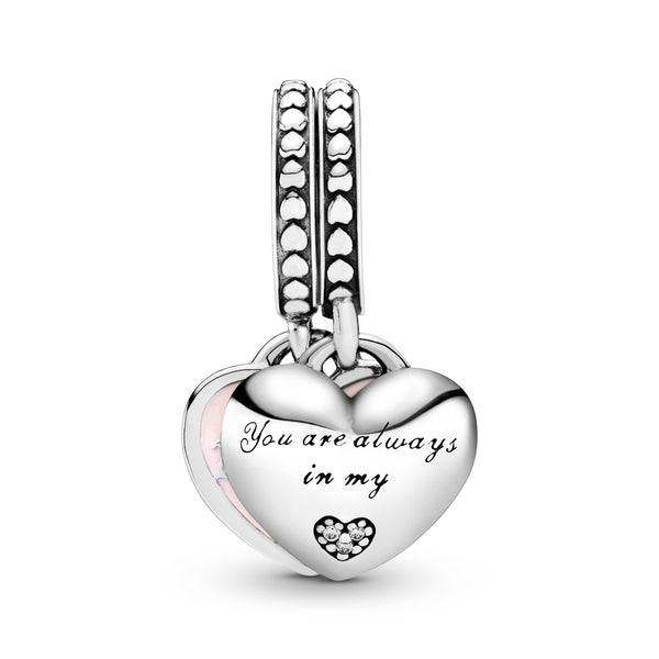 Mother and daughter split heart silver dangle with clear cubic zirconia and pink enamel
