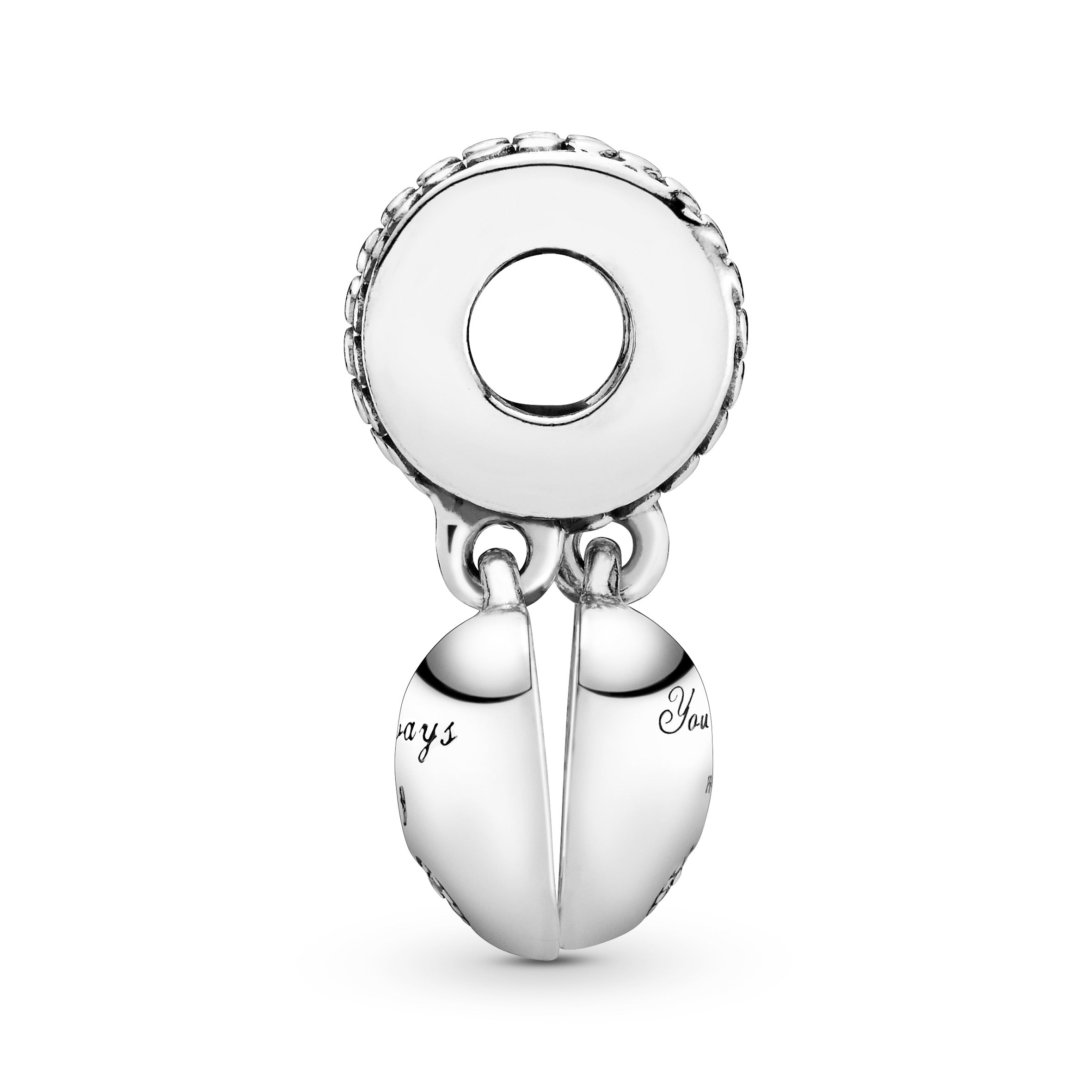 Mother and daughter split heart silver dangle with clear cubic zirconia and pink enamel