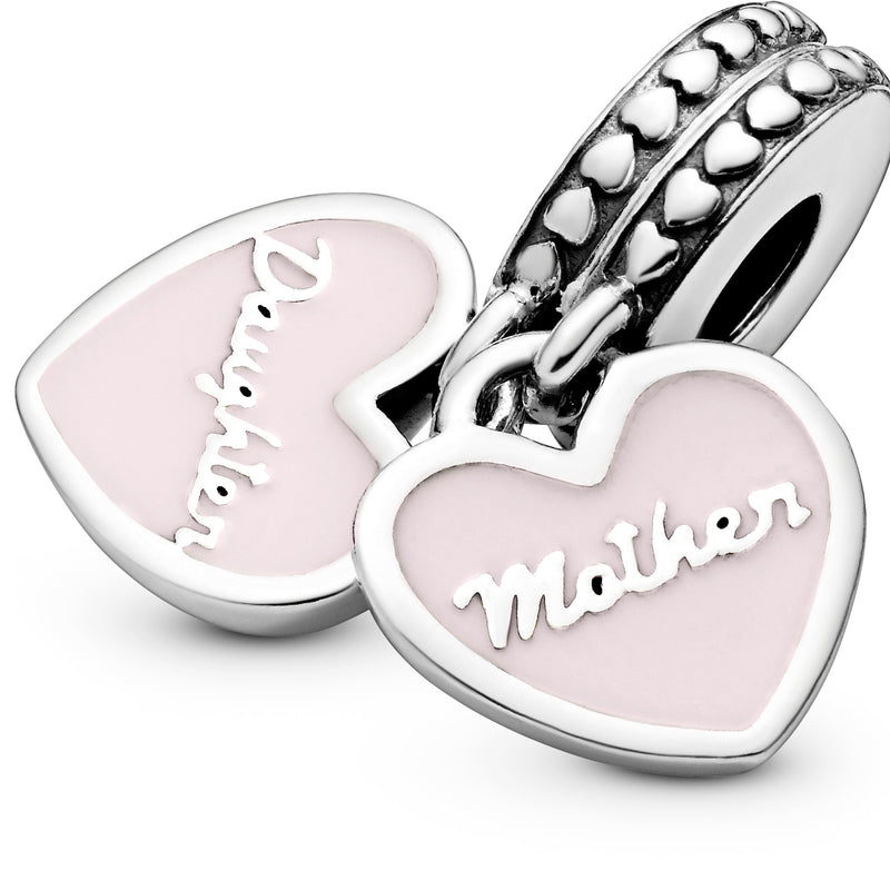 Mother and daughter split heart silver dangle with clear cubic zirconia and pink enamel