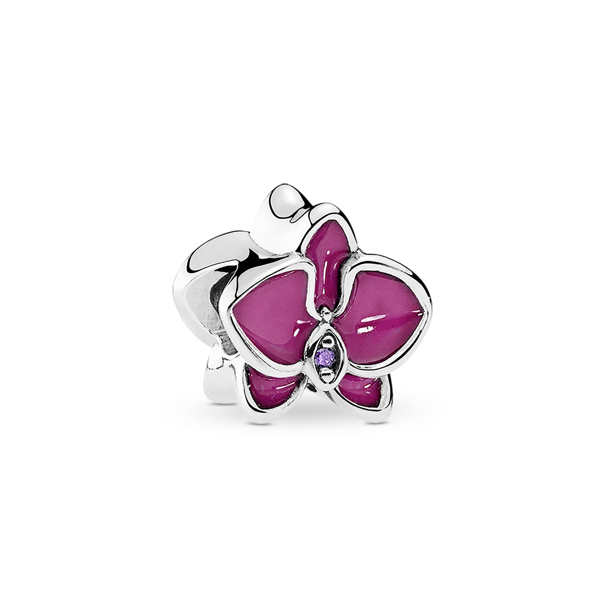 Orchid silver charm with purple cubic zirconia and orchid enamel
