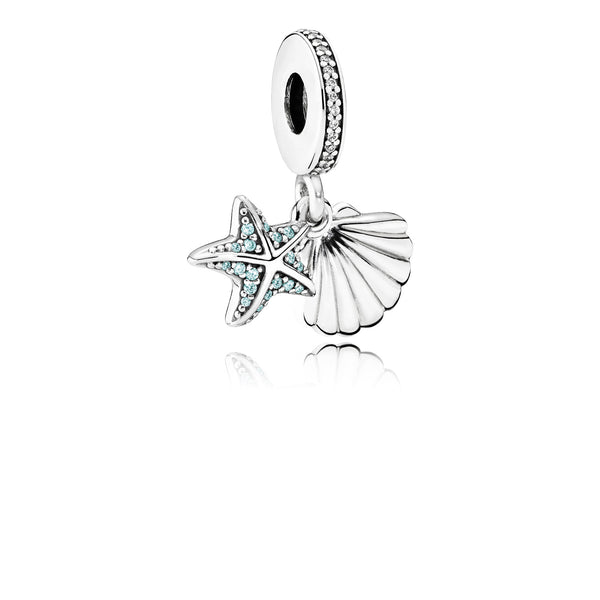 Starfish and shell silver dangle with frosty mint cubic zirconia and clear cubic zirconia