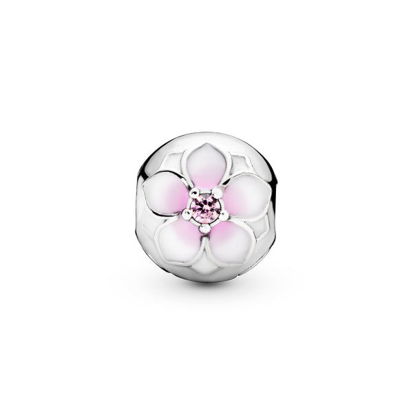 Magnolia silver clip with pink cubic zirconia, white and shaded pink enamel