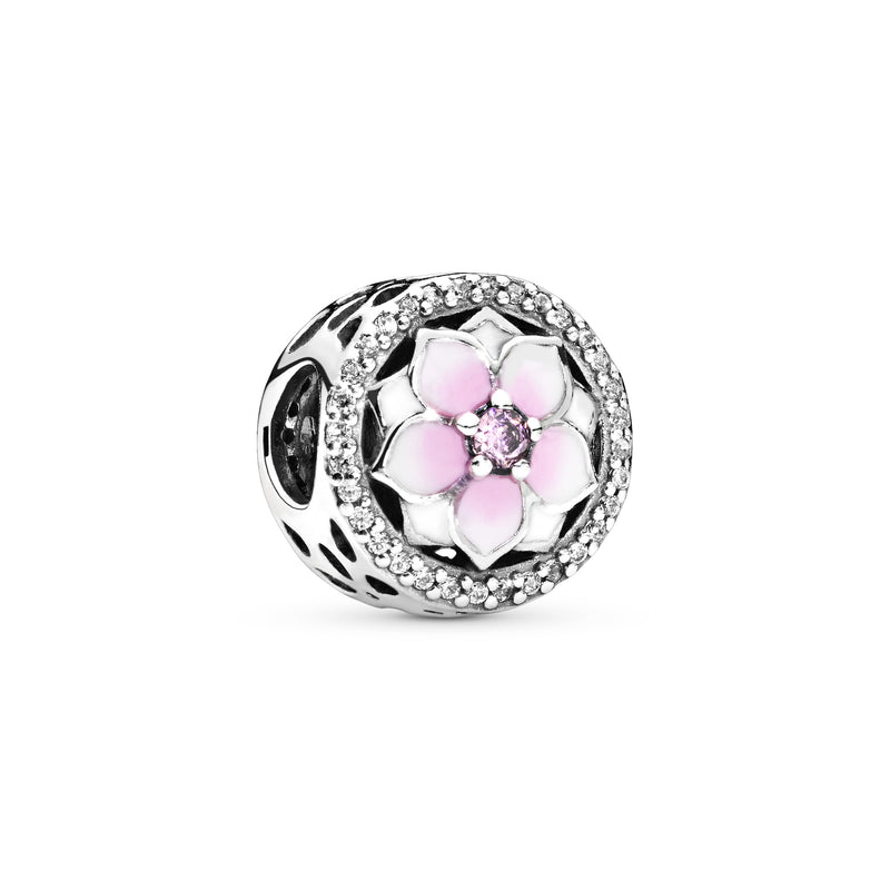 Magnolia silver charm with pink cubic zirconia, clear cubic zirconia, white and shaded pink enamel