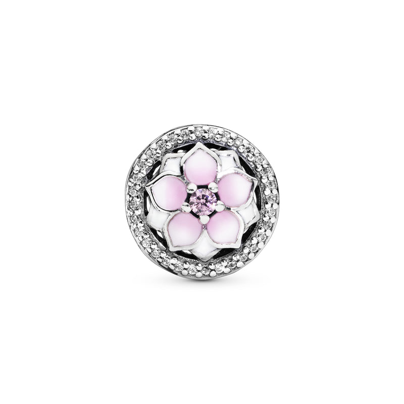 Magnolia silver charm with pink cubic zirconia, clear cubic zirconia, white and shaded pink enamel