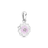 Magnolia silver dangle with pink cubic zirconia, white and shaded pink enamel