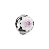 Magnolia silver charm with pink cubic zirconia, white and shaded pink enamel
