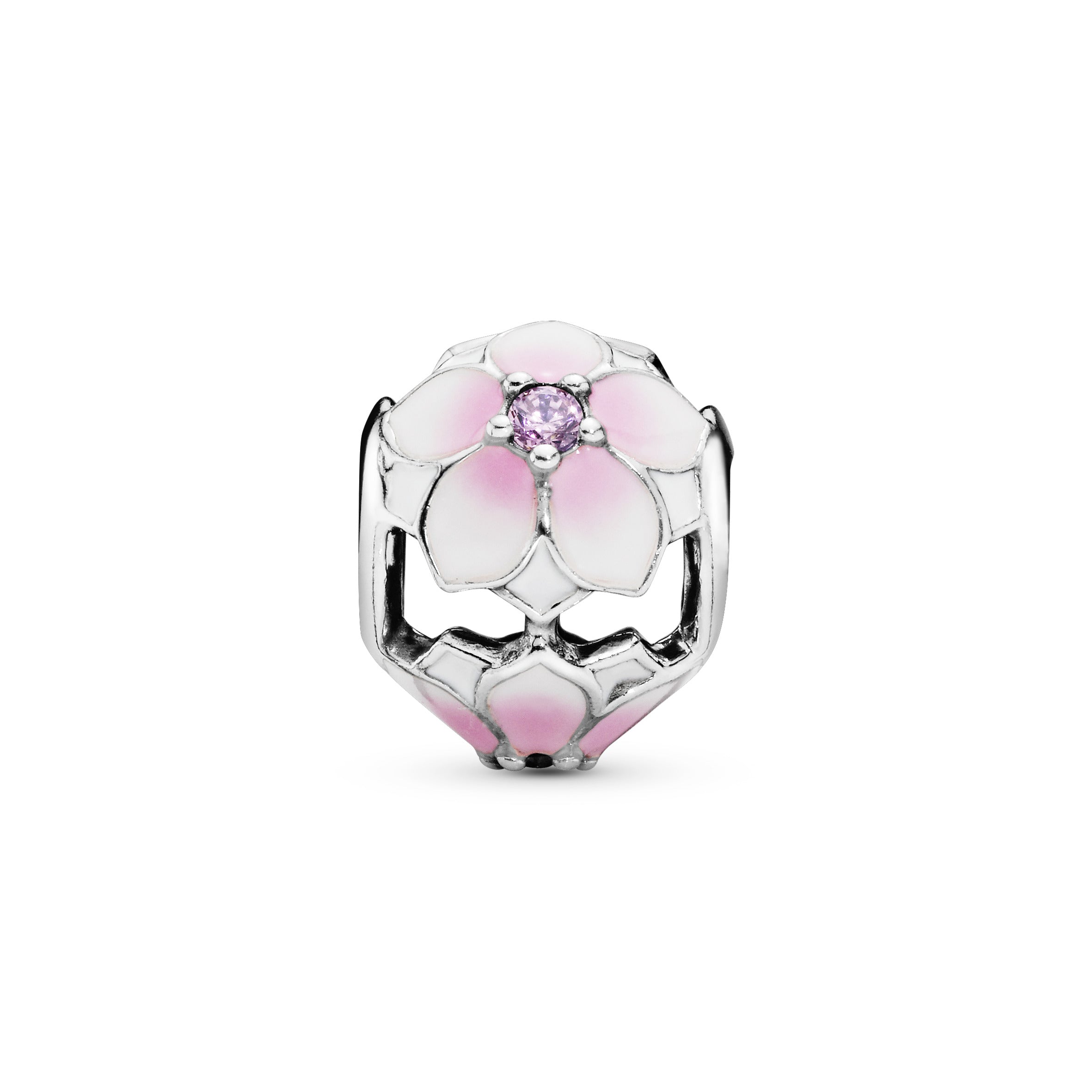 Magnolia silver charm with pink cubic zirconia, white and shaded pink enamel