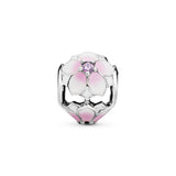 Magnolia silver charm with pink cubic zirconia, white and shaded pink enamel