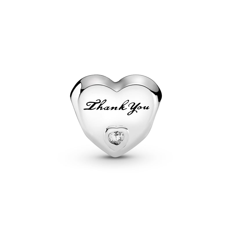 Thank you heart silver charm with clear cubic zirconia