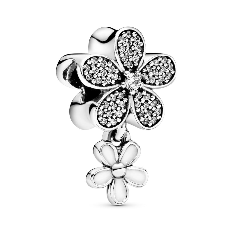 Daisy silver charm with clear cubic zirconia and white enamel