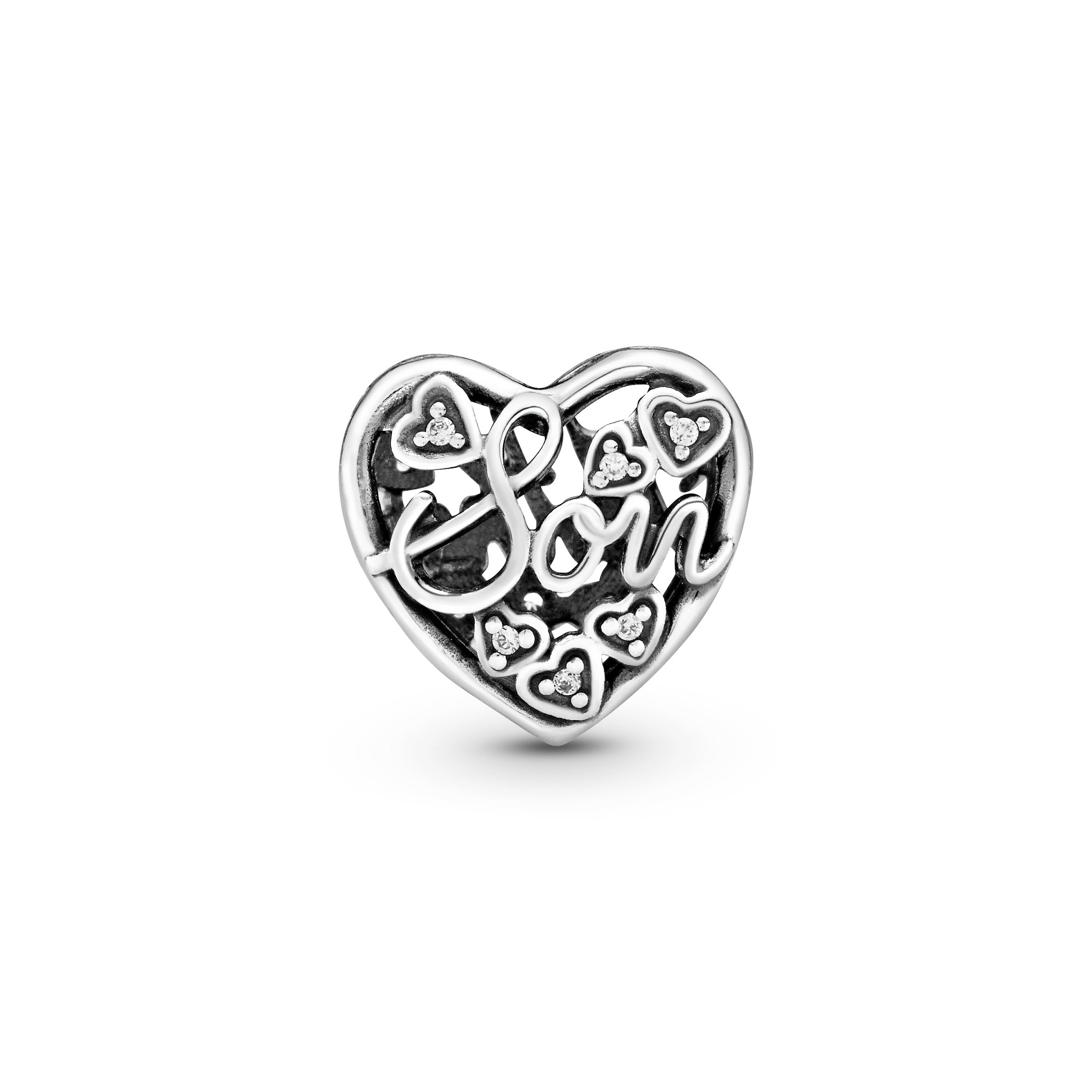 Mother and son heart silver charm with clear cubic zirconia