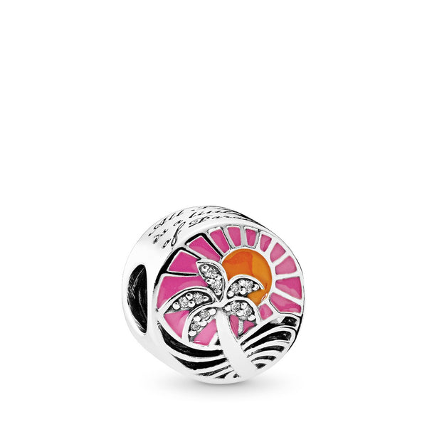 Sunset silver charm with clear cubic zirconia, orange and pink enamel