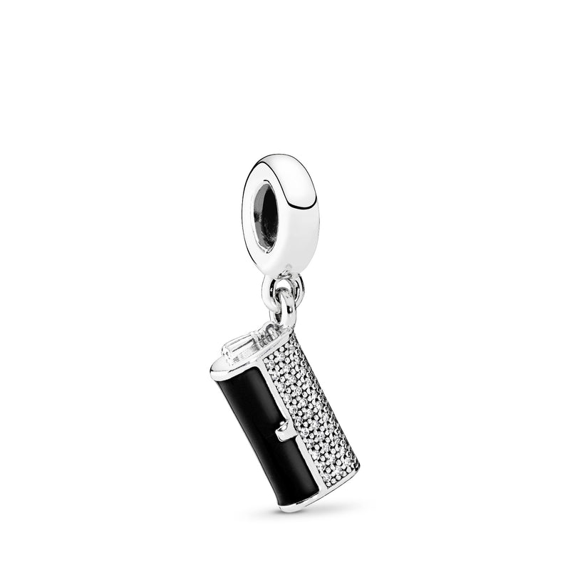 Clutch silver dangle with clear cubic zirconia and black enamel