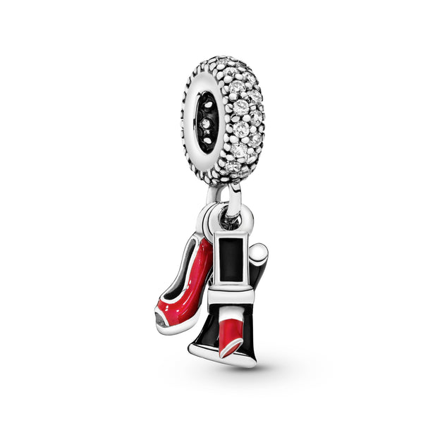 Shoe, dress and lipstick silver dangle with clear cubic zirconia, red and black enamel