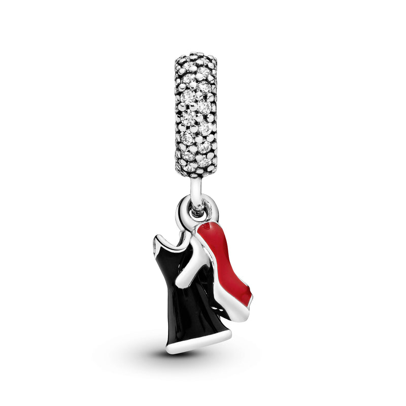 Shoe, dress and lipstick silver dangle with clear cubic zirconia, red and black enamel