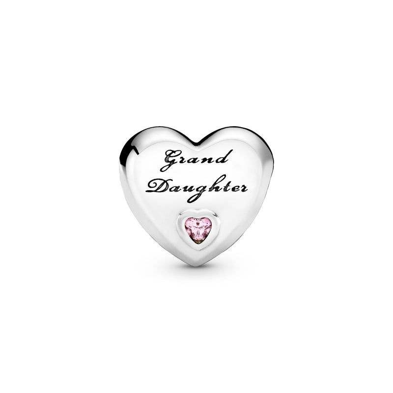 Granddaughter heart silver charm with pink cubic zirconia