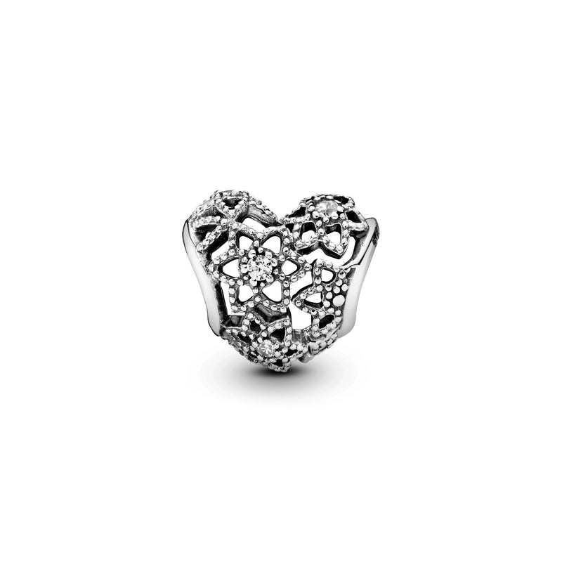 Openwork heart silver charm with clear cubic zirconia