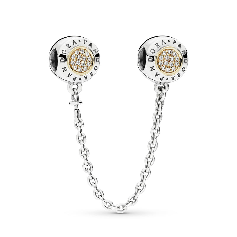 PANDORA logo silver safety chain with 14k and clear cubic zirconia