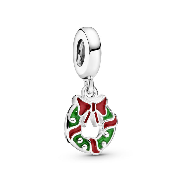 Holiday wreath silver dangle with red and green enamel