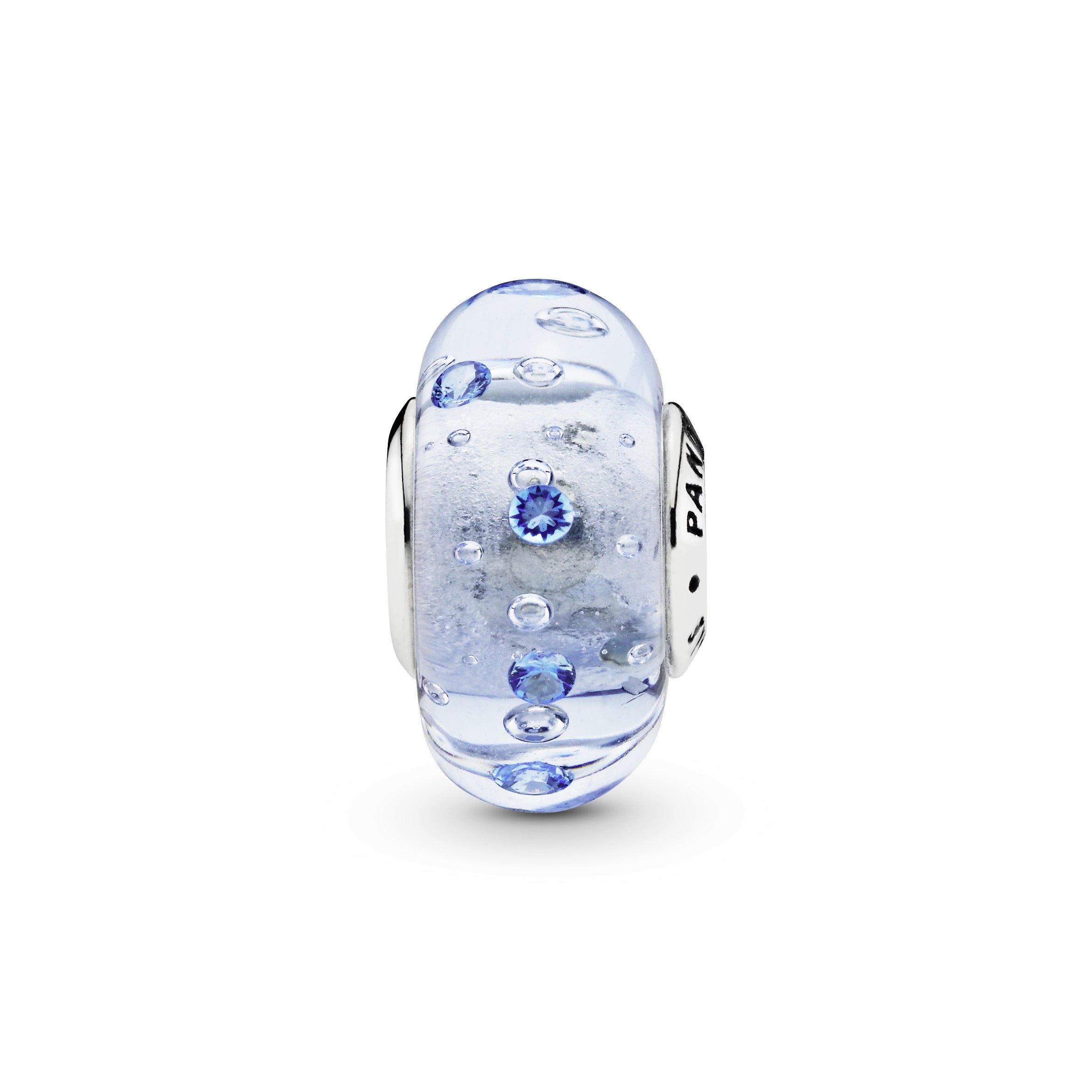Silver charm with blue and transparent Murano glass and blue cubic zirconia
